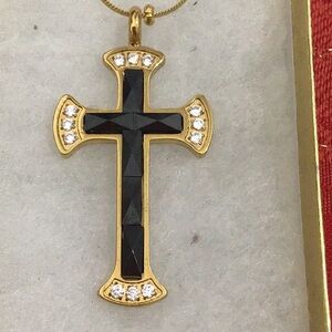 Onyx and Gold Stainless Steel Cross w/ Rhinestones on the Edges w/ gold SS chain